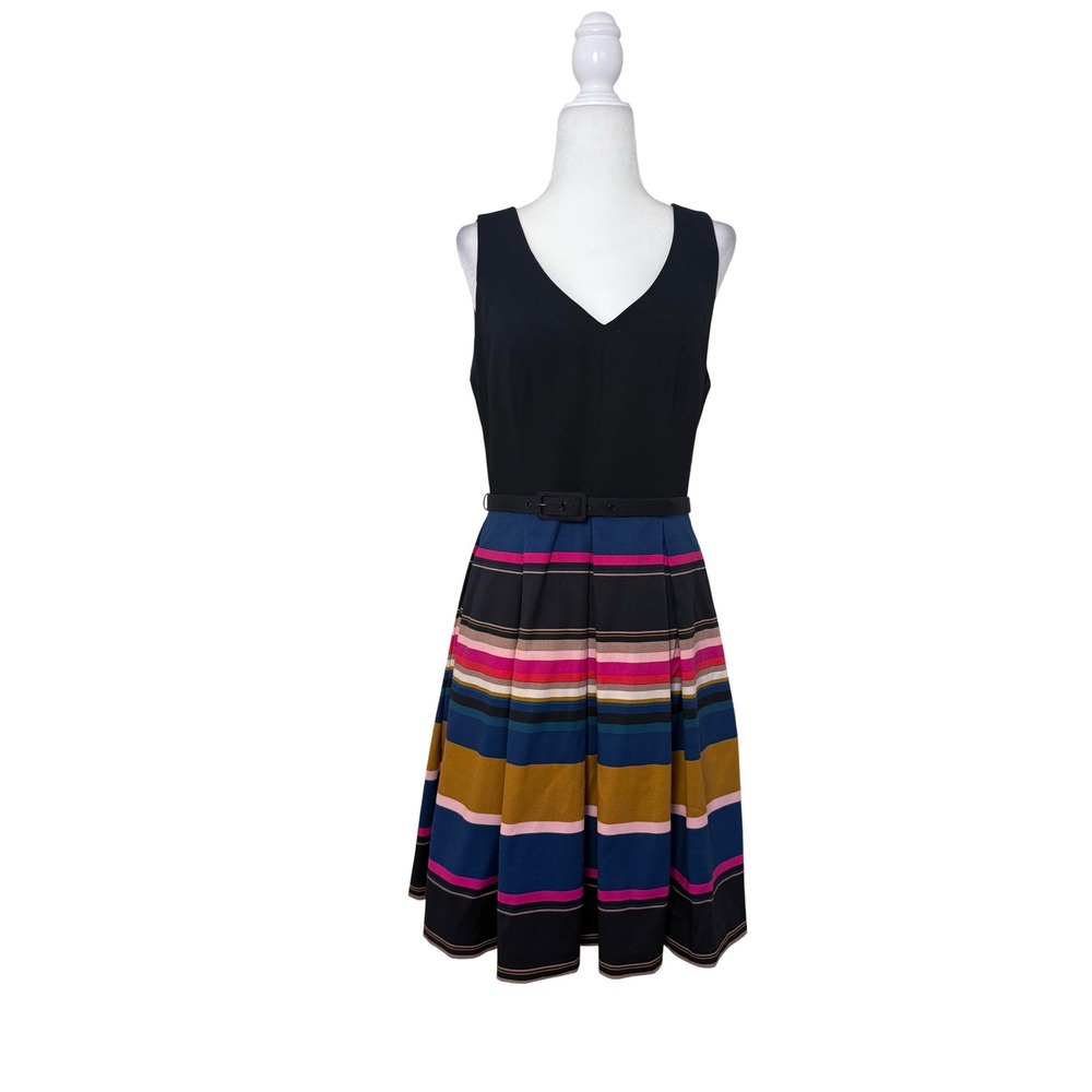 Trina Turk Black Multicolor Stripe Pleated Fit Flare Dress Belt Size 8